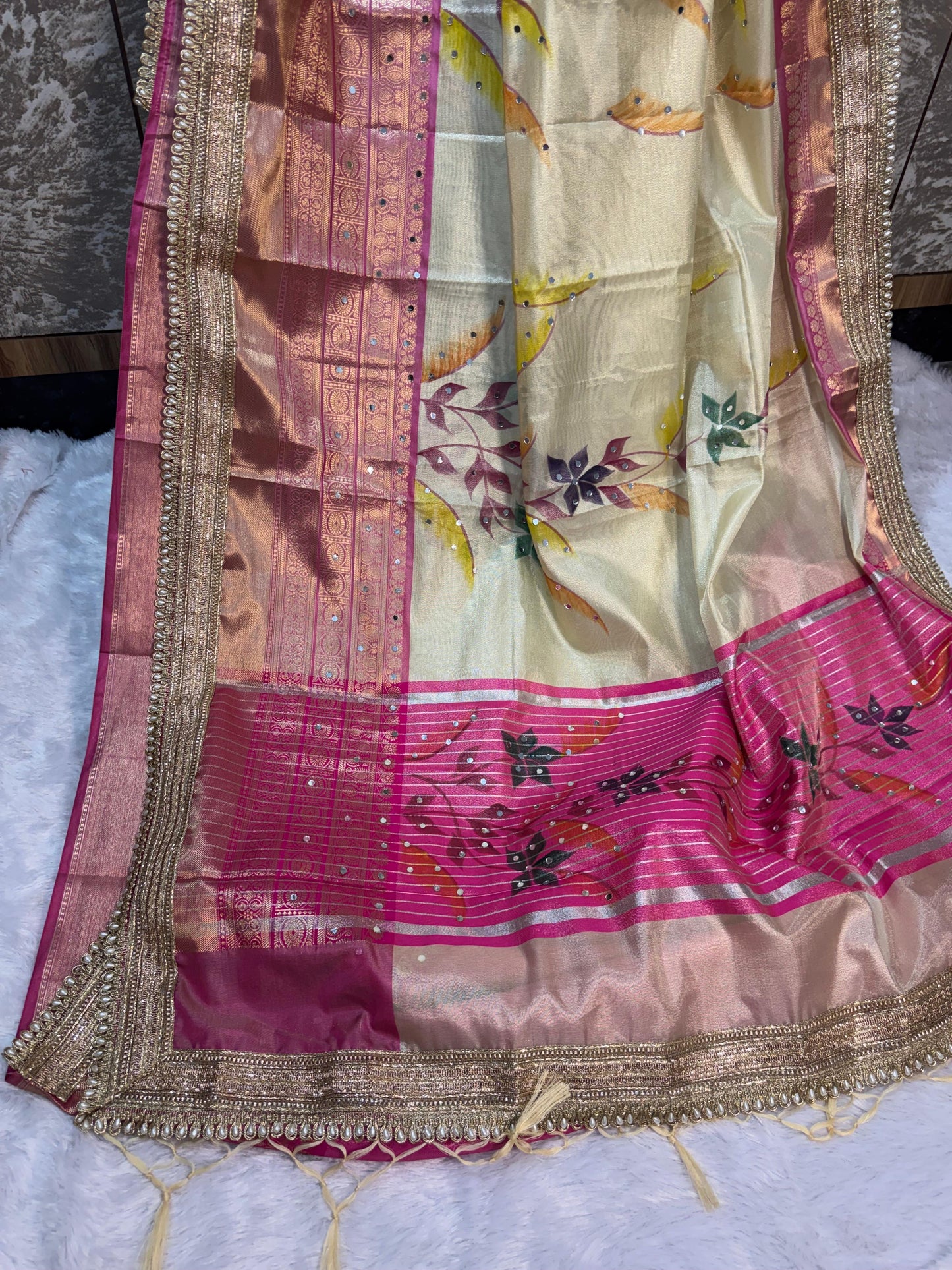 Avira Ivory & Rani Pink Banarasi Soft Tissue Silk Saree