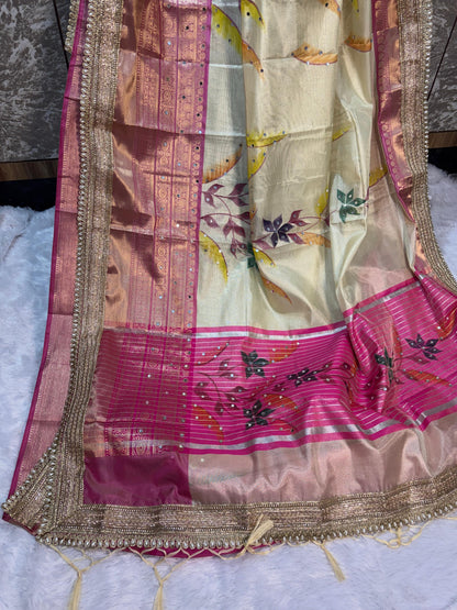Avira Ivory & Rani Pink Banarasi Soft Tissue Silk Saree