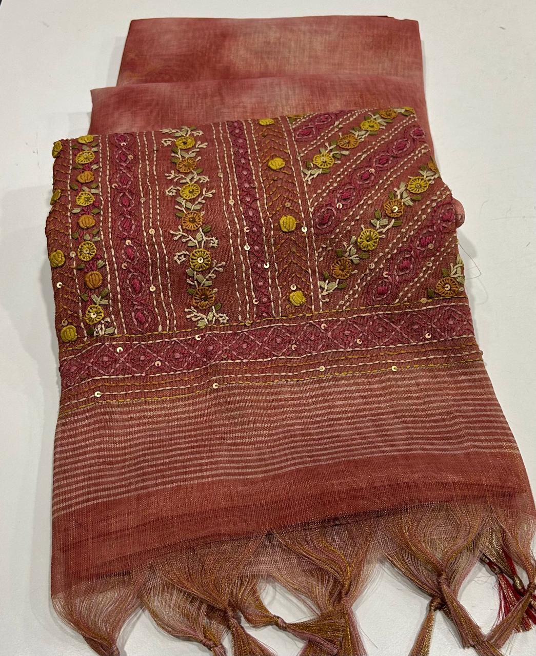 Iraah Peach Linen Tissue Saree