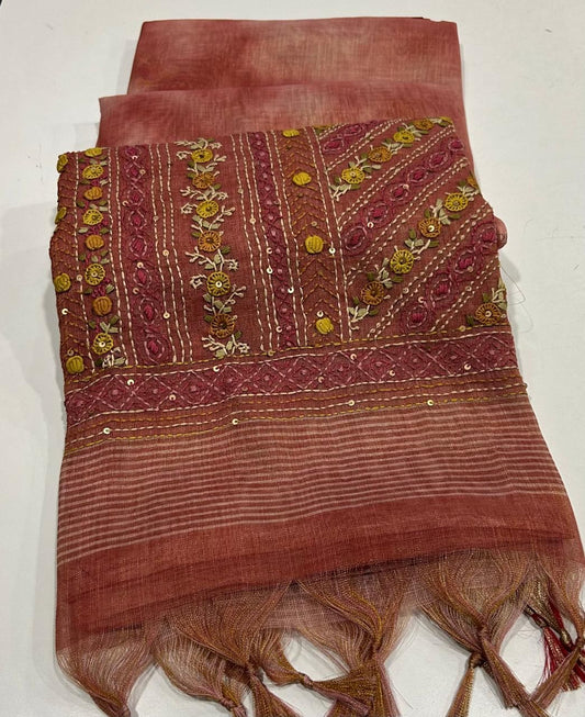 Iraah Peach Linen Tissue Saree