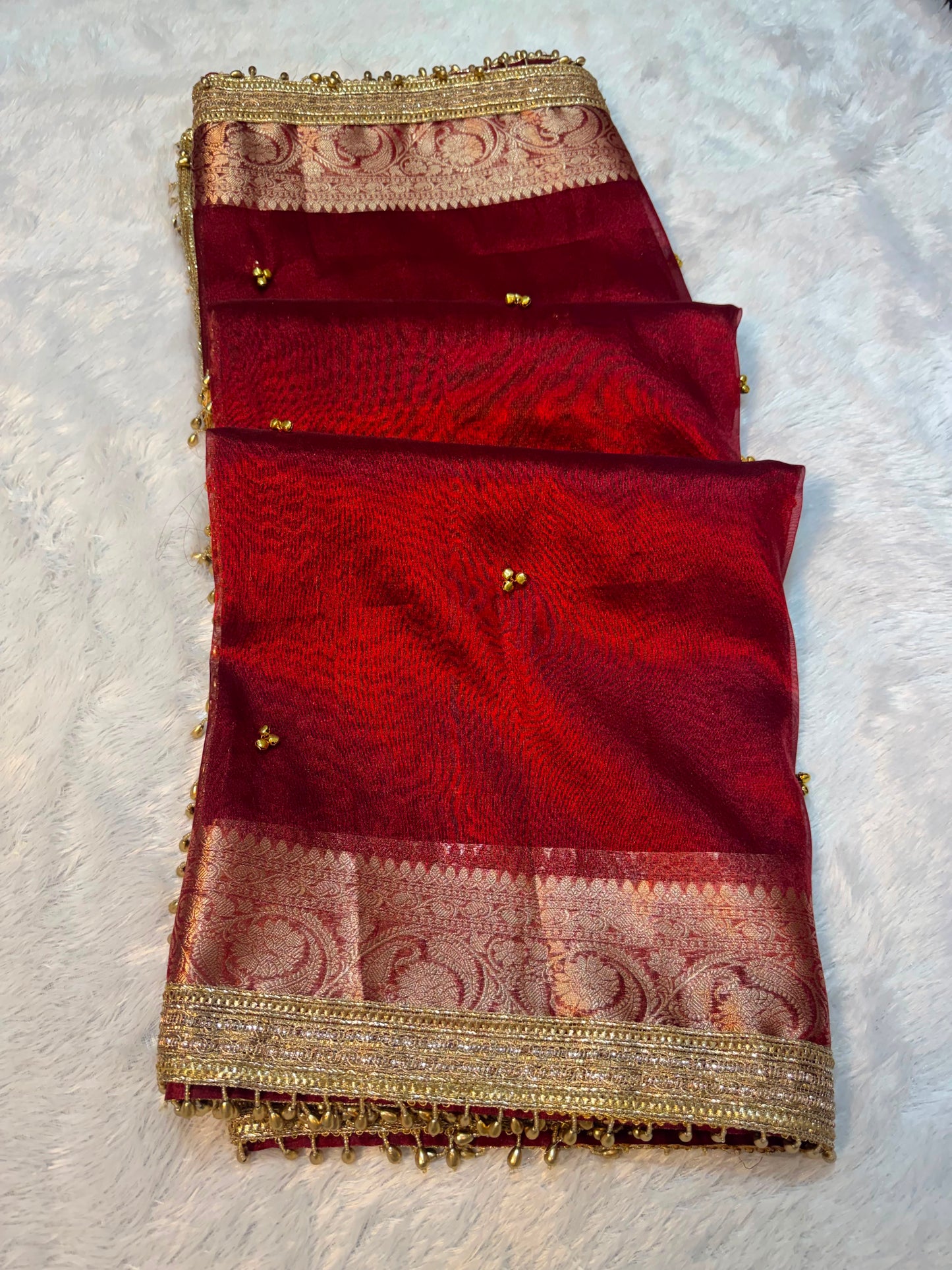 Madhur Ghungroo Red Tissue Silk Saree