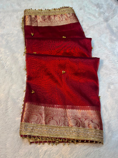 Madhur Ghungroo Red Tissue Silk Saree