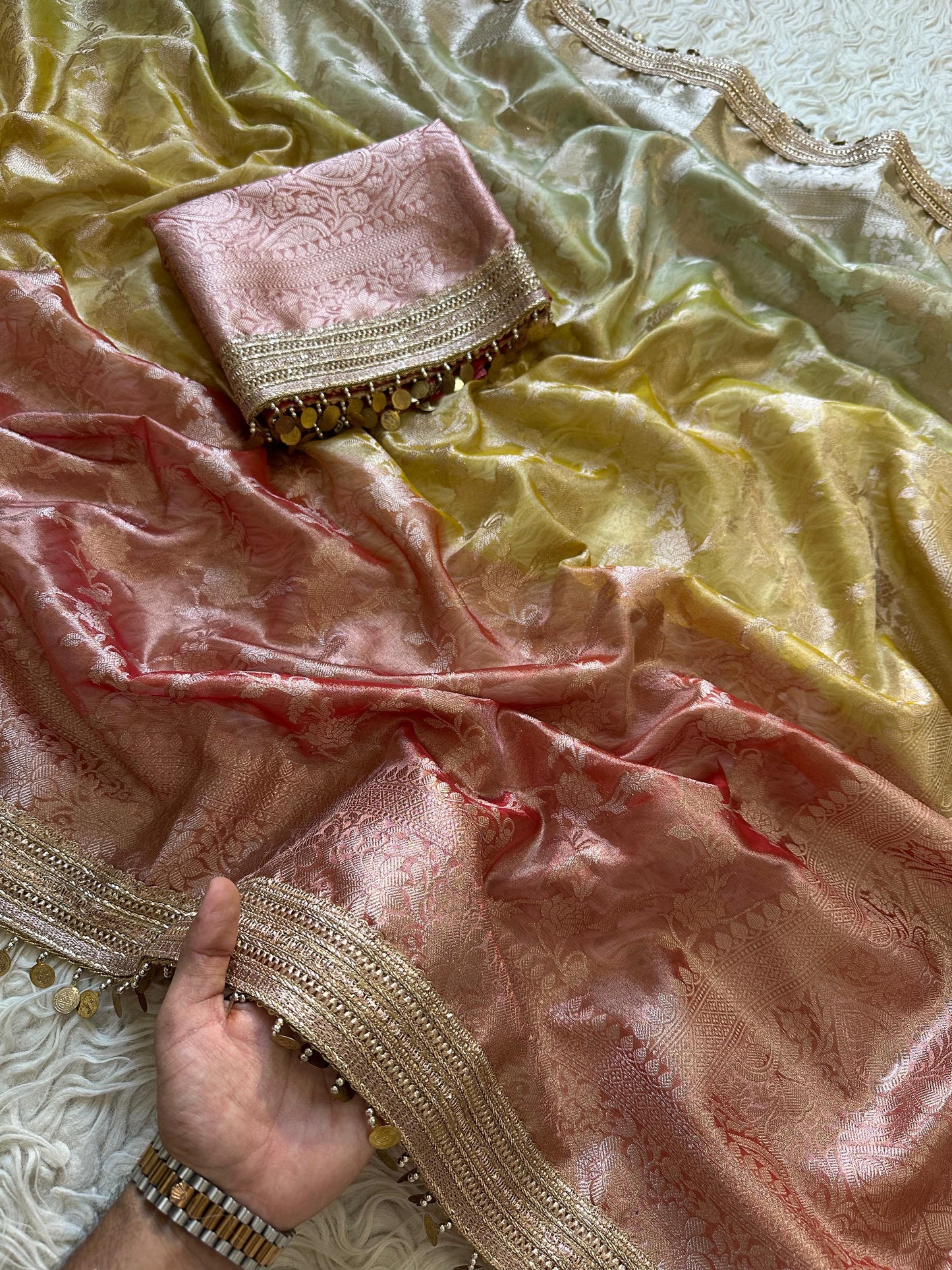 Noorza Pastel Yellow & Peach Soft Glass Tissue Silk Saree