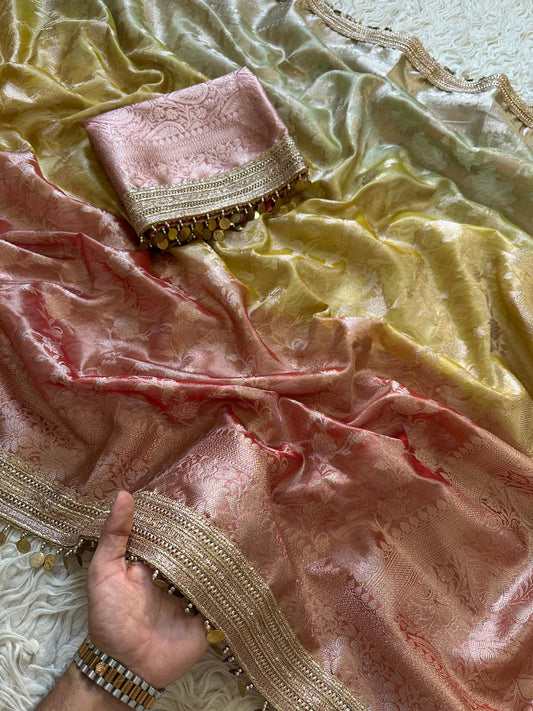 Noorza Pastel Yellow & Peach Soft Glass Tissue Silk Saree