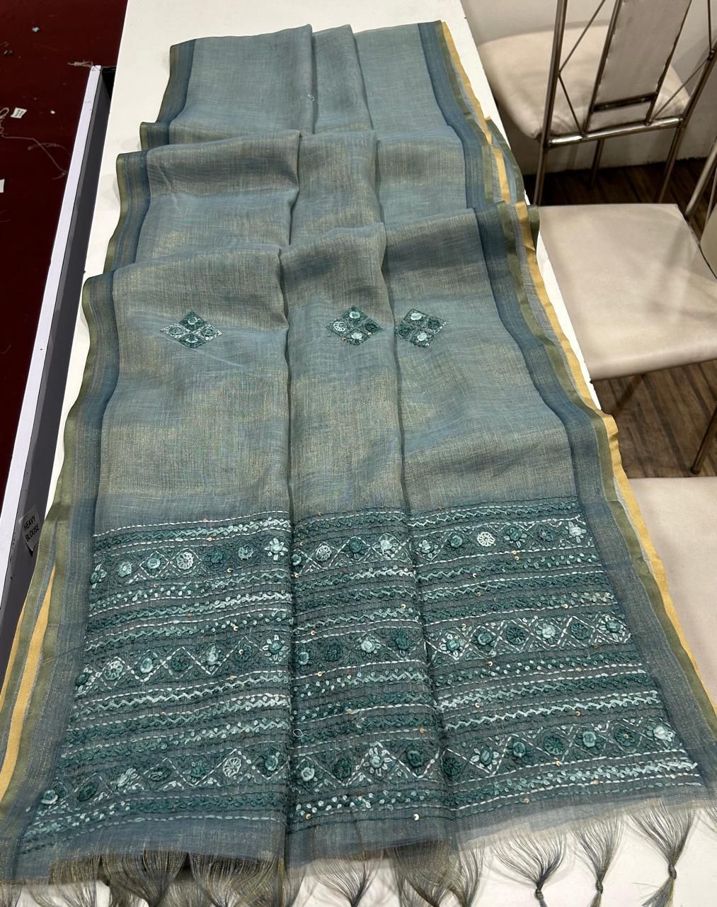 Kaavya Teal Linen Tissue Saree