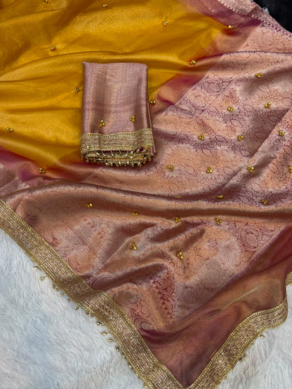 Madhur Ghungroo Yellow Blush Tissue Silk Saree