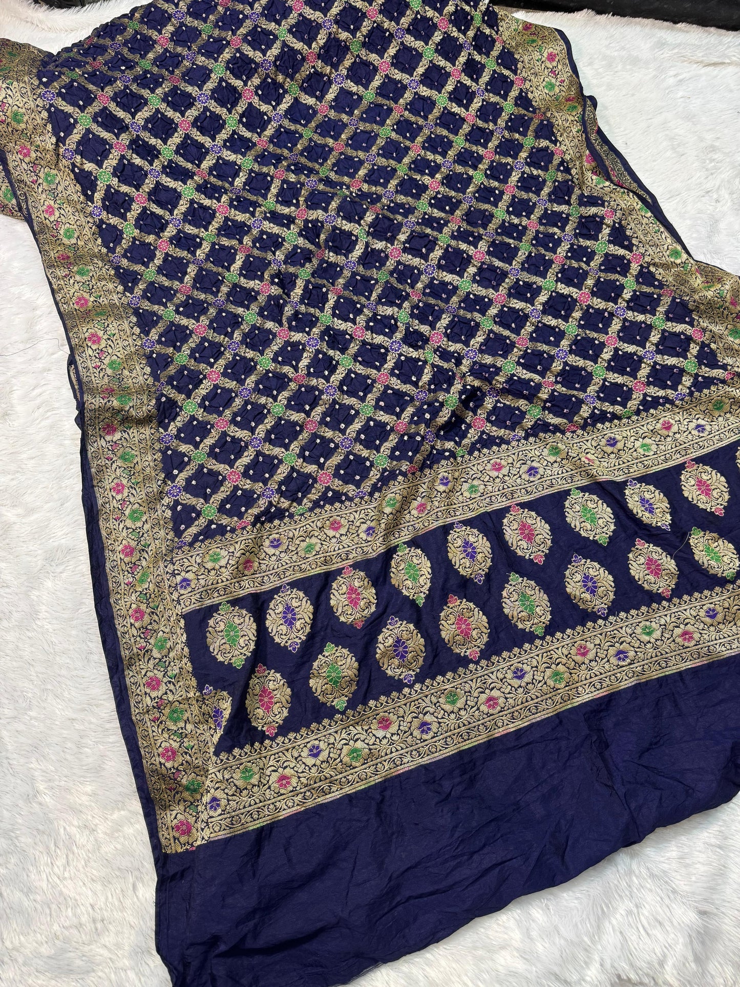 Bandita Navy Blue Banarasi Soft Bandhej Warm Silk Saree