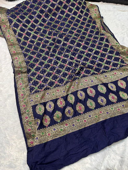 Bandita Navy Blue Banarasi Soft Bandhej Warm Silk Saree