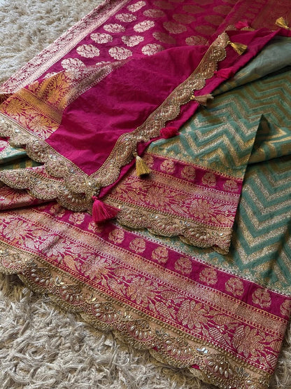 Saanvi Pink & Green Katan Georgette Silk Saree