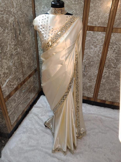 Sheen Ivory Pearl Zarqash Silk Saree