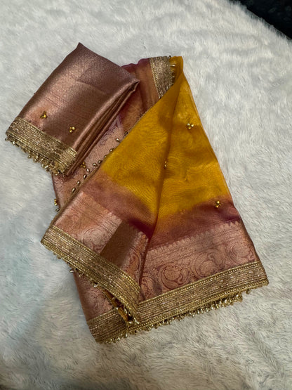 Madhur Ghungroo Yellow Blush Tissue Silk Saree