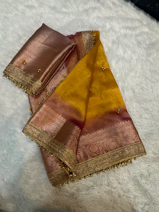 Madhur Ghungroo Yellow Blush Tissue Silk Saree