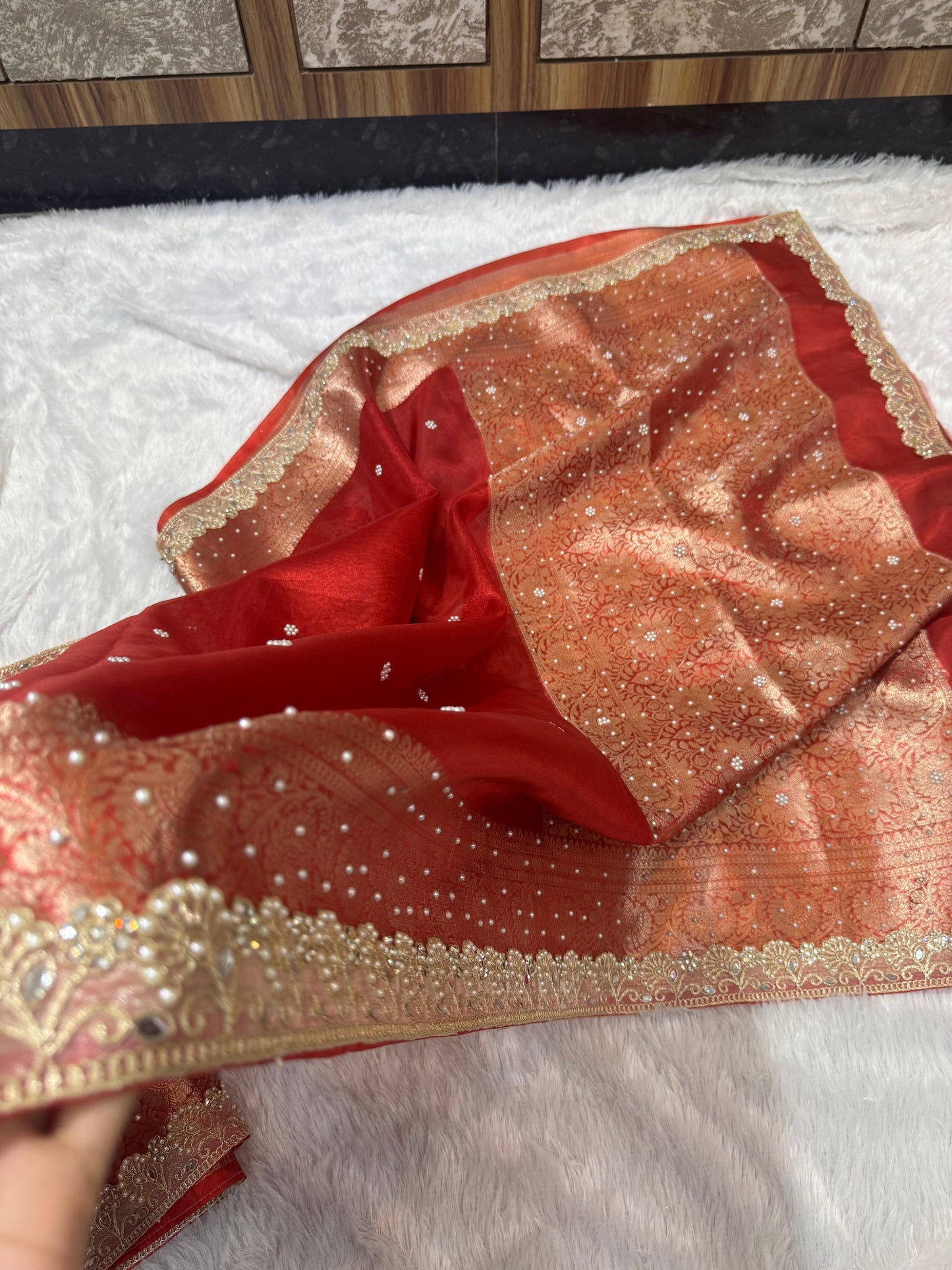 Gulnaar Red Tissue Silk Saree
