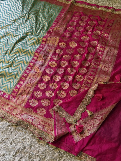 Saanvi Pink & Green Katan Georgette Silk Saree