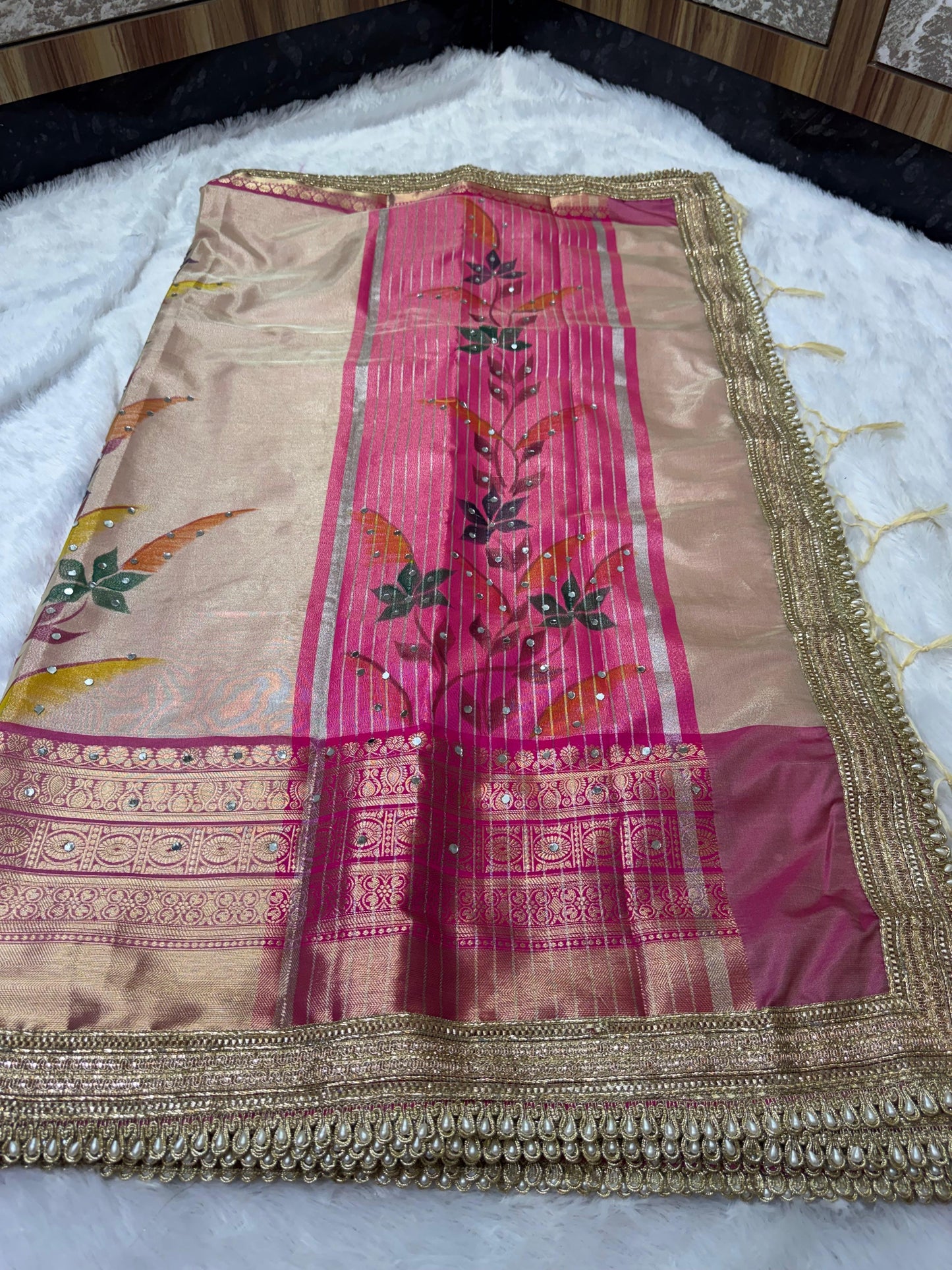 Avira Ivory & Rani Pink Banarasi Soft Tissue Silk Saree