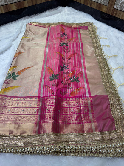 Avira Ivory & Rani Pink Banarasi Soft Tissue Silk Saree