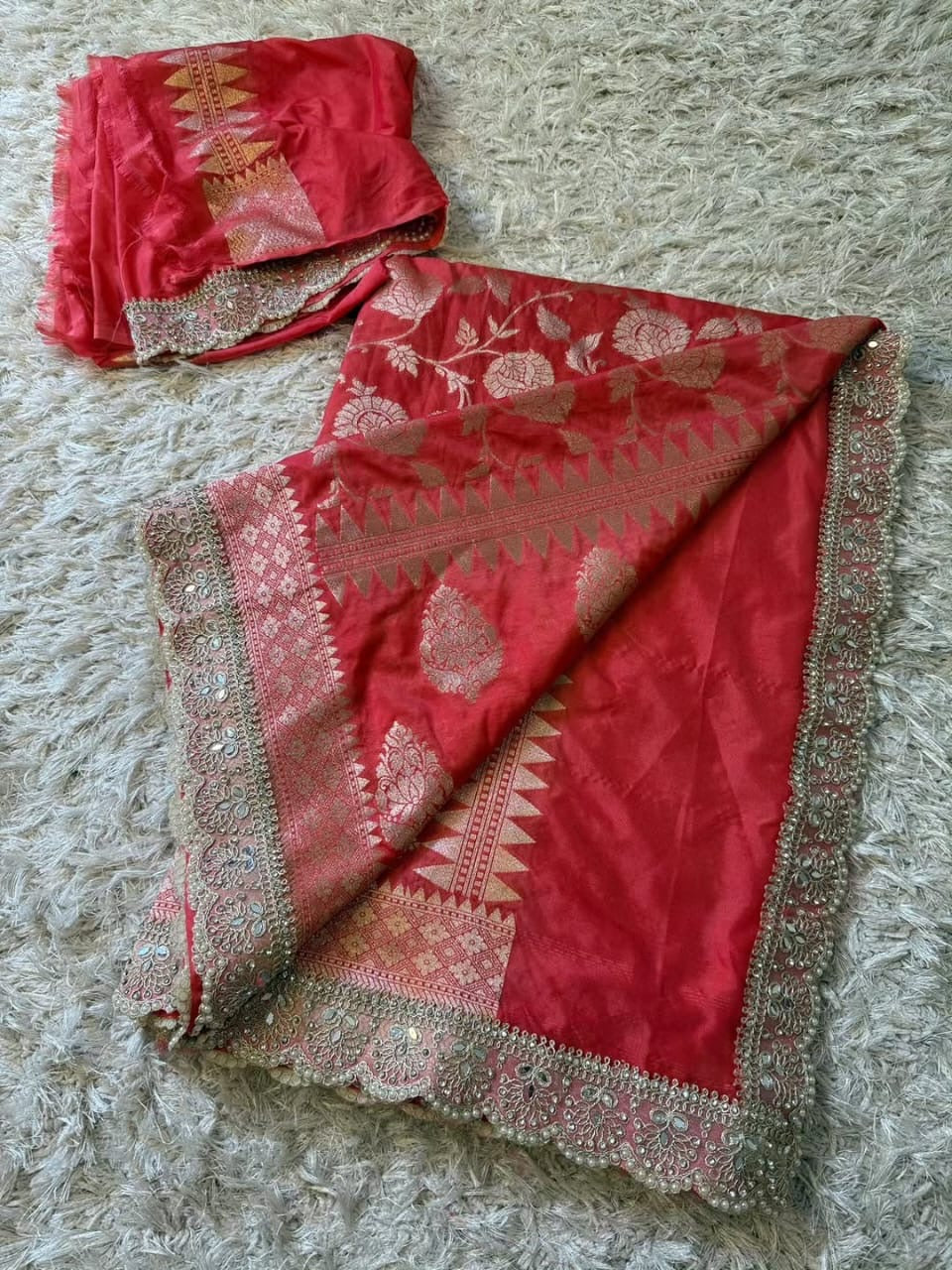 Mahnoor Coral Red Banarasi Soft Mashru Katan Silk Saree