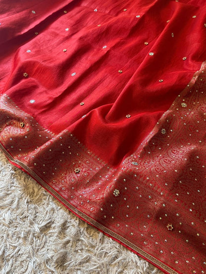 Laalima Ruby Red Banarasi Soft Tissue Silk Saree