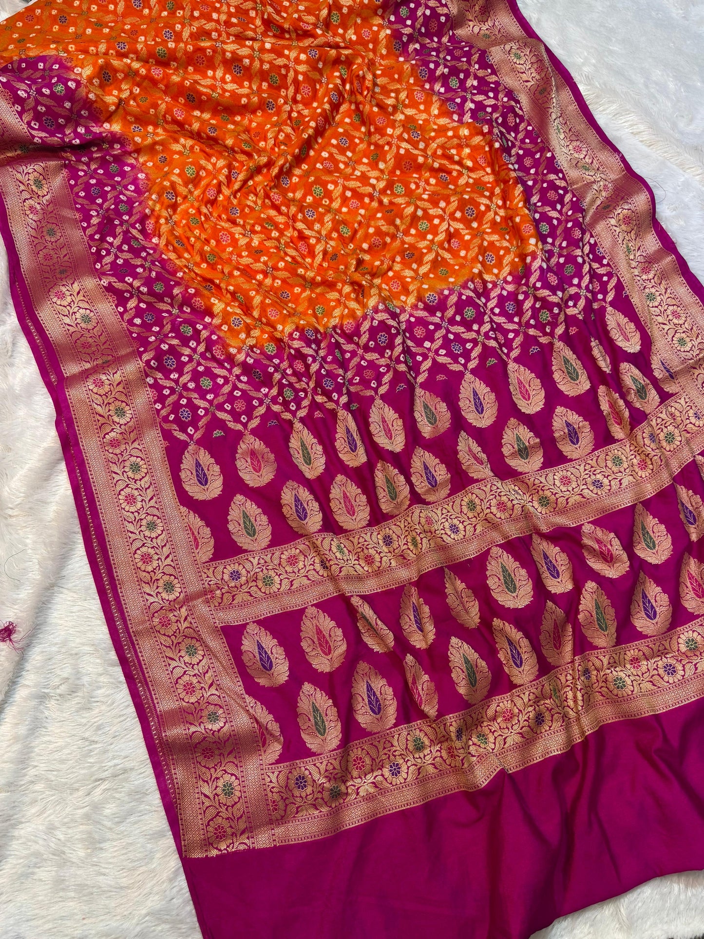 Bandini Orange & Magenta Banarasi Soft Bandhej Warm Silk Saree