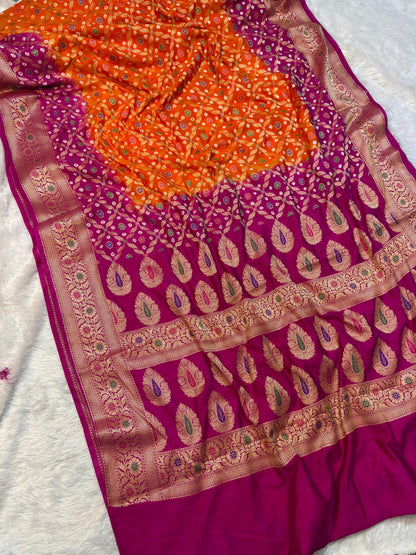 Bandini Orange & Magenta Banarasi Soft Bandhej Warm Silk Saree
