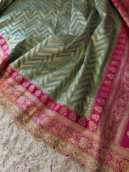 Saanvi Pink & Green Katan Georgette Silk Saree