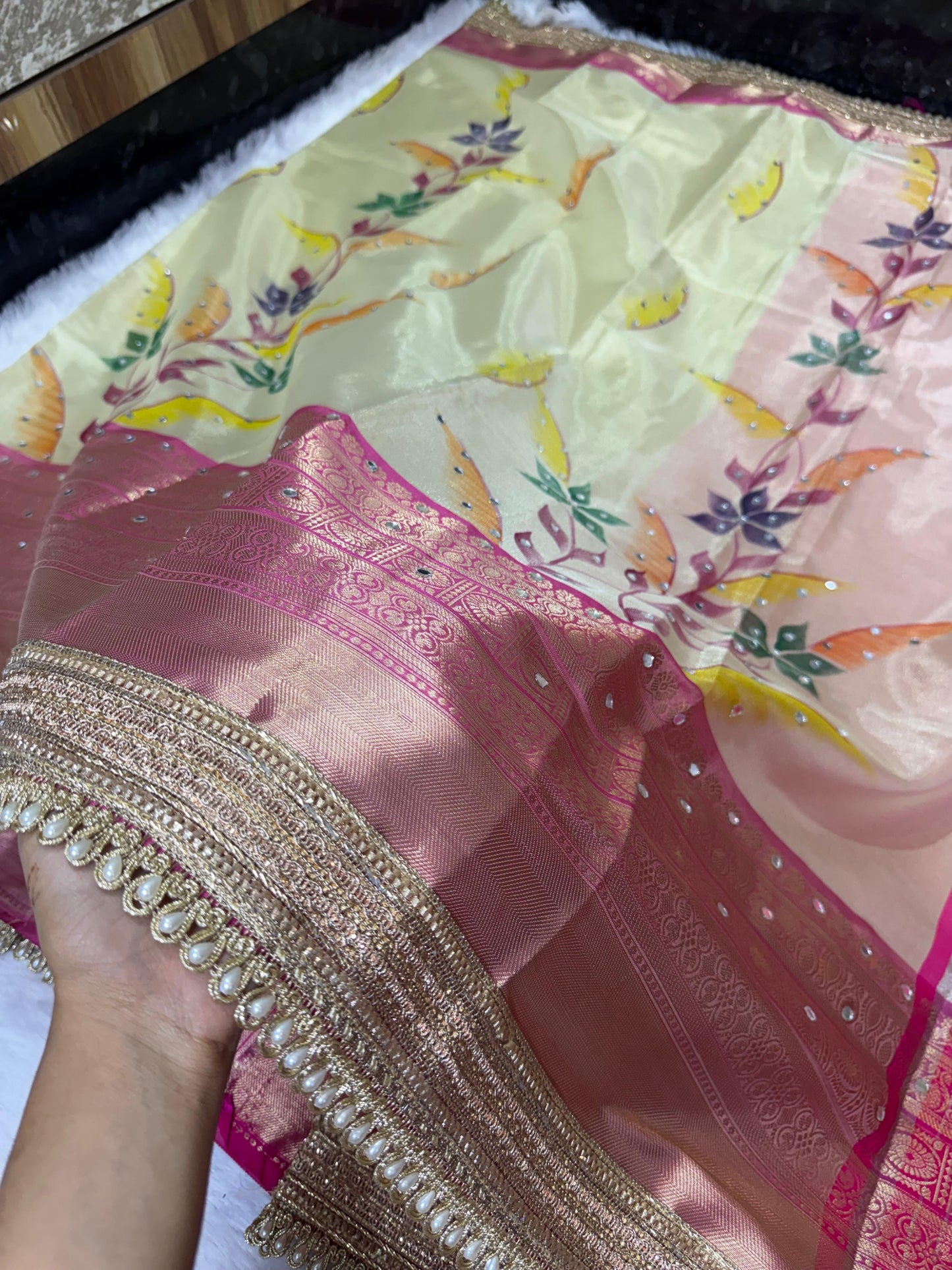 Avira Ivory & Rani Pink Banarasi Soft Tissue Silk Saree