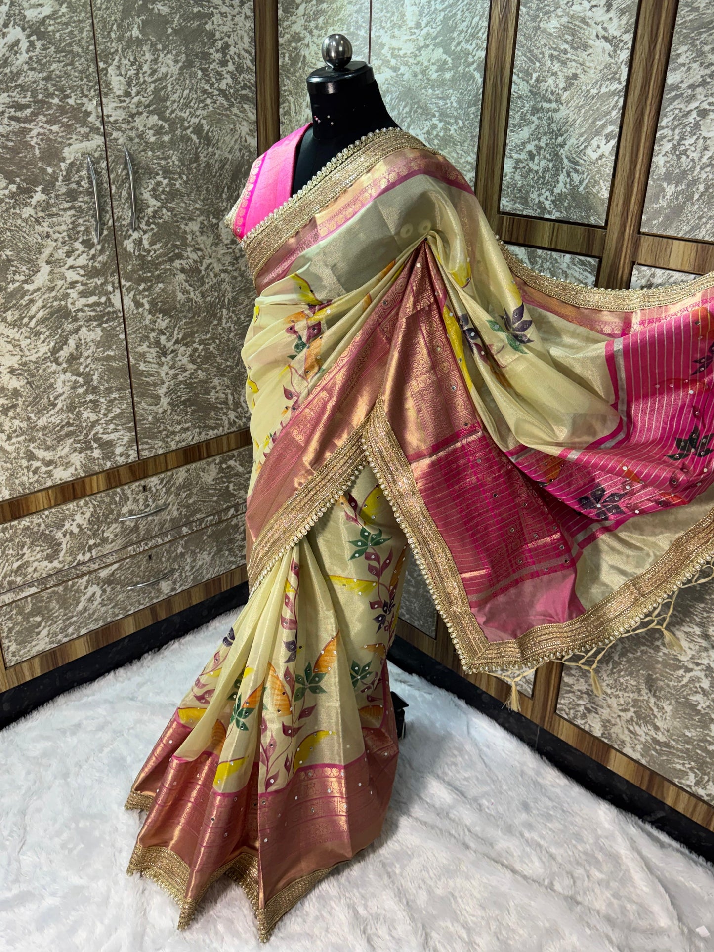 Avira Ivory & Rani Pink Banarasi Soft Tissue Silk Saree