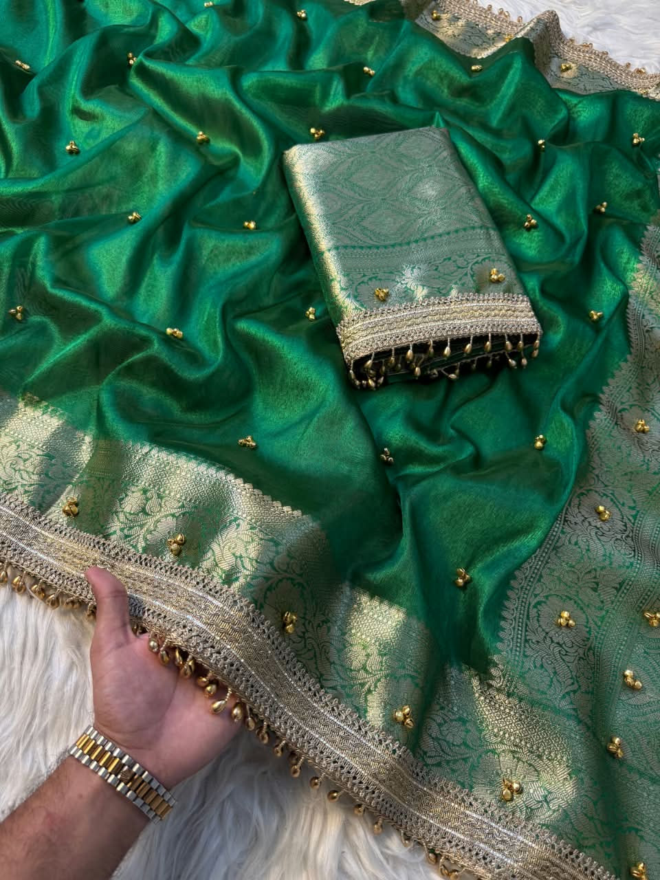 Kaya Ghungroo Green Tissue Silk Saree