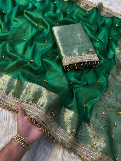 Kaya Ghungroo Green Tissue Silk Saree