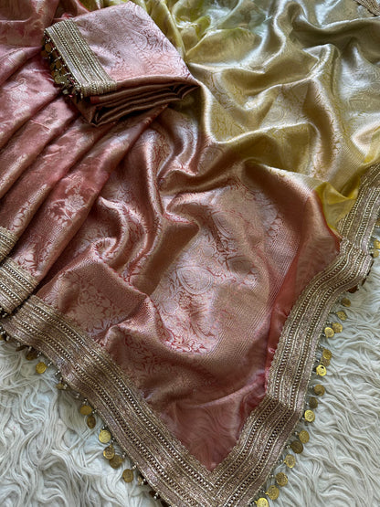 Noorza Pastel Yellow & Peach Soft Glass Tissue Silk Saree