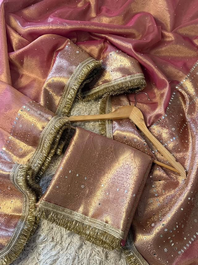 Nayab Rose Gold Pink Banarasi Soft Tissue Silk Saree
