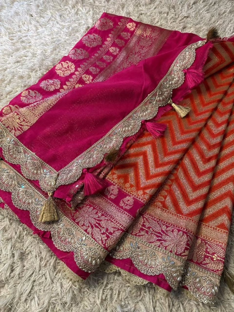 Saanvi Orange & Pink Katan Georgette Silk Saree