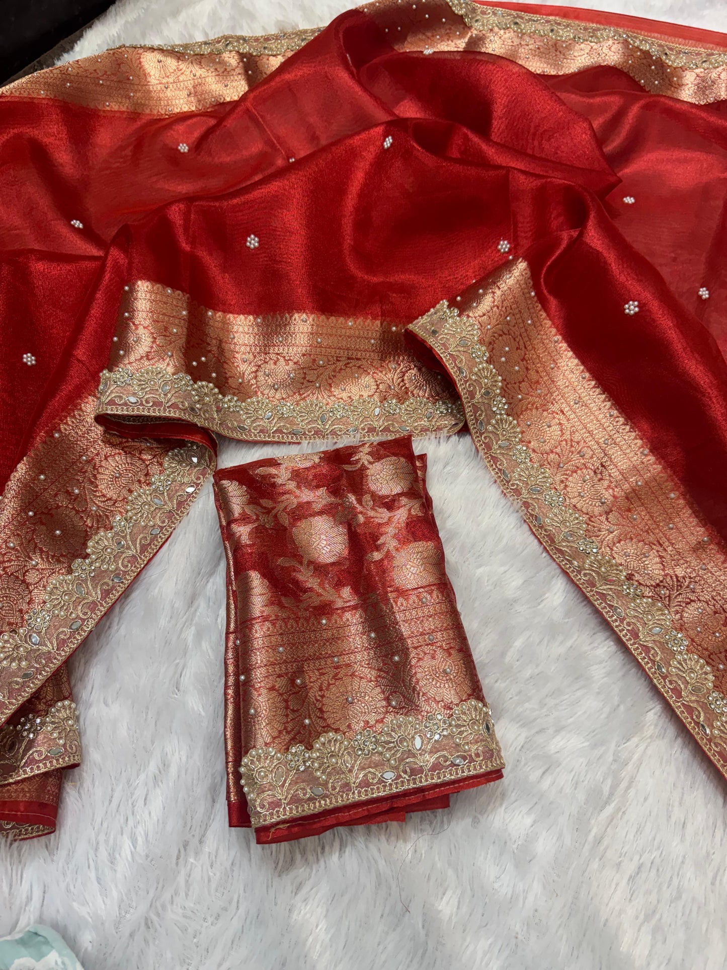 Gulnaar Red Tissue Silk Saree