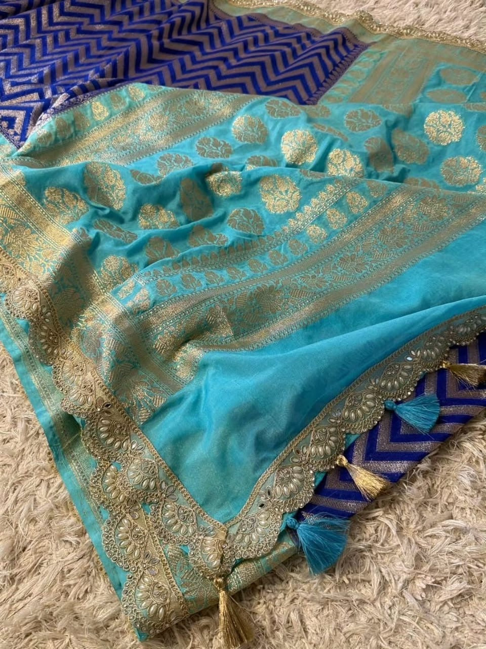 Saanvi Blue & Mint Katan Georgette Silk Saree
