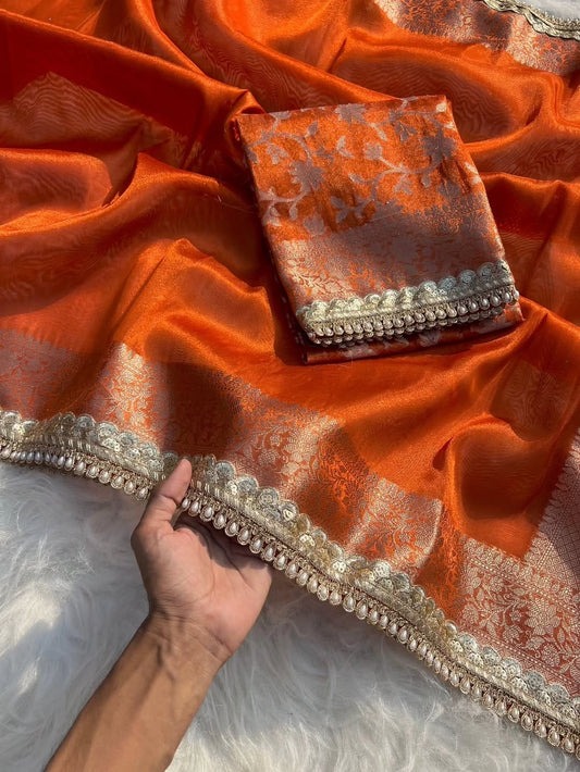 Charvi Orange Tissue Silk Saree