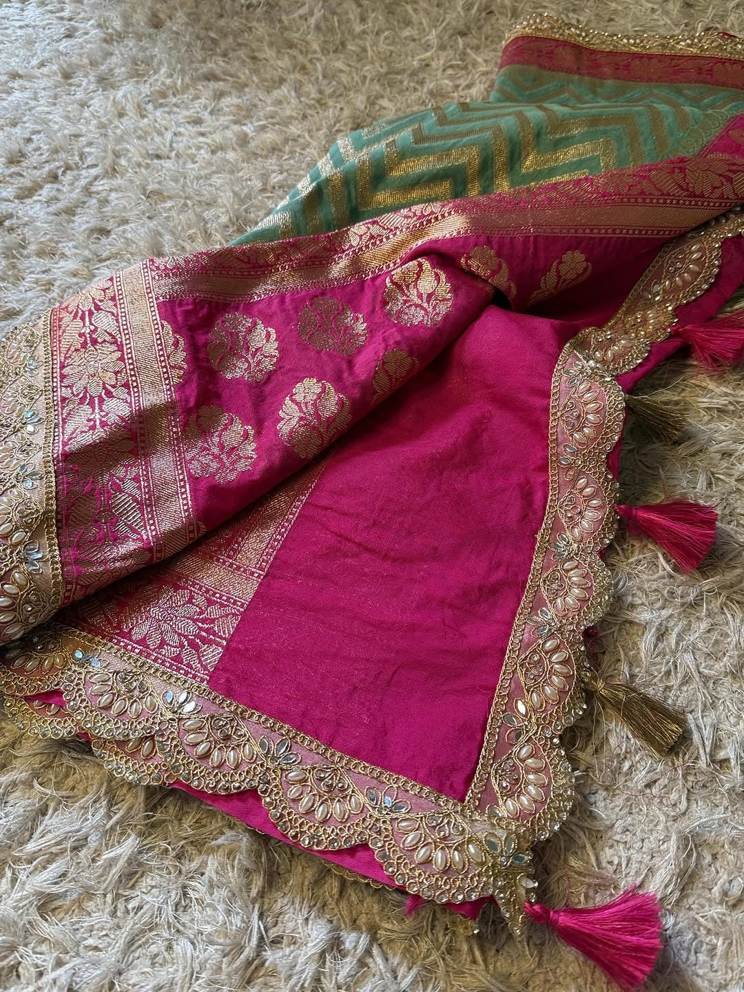 Saanvi Pink & Green Katan Georgette Silk Saree