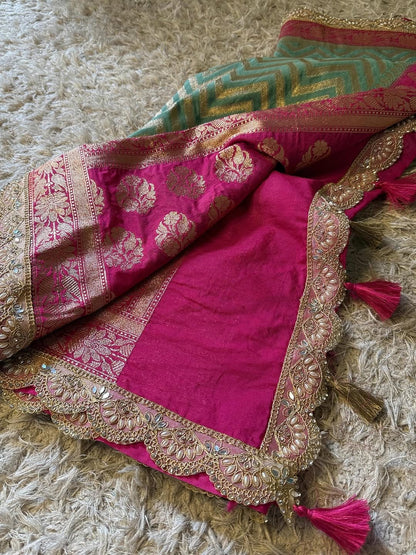 Saanvi Pink & Green Katan Georgette Silk Saree