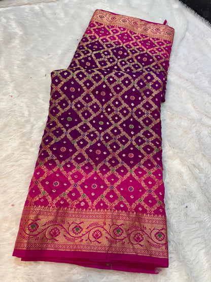 Bandini Rani Pink & Magenta Banarasi Soft Bandhej Warm Silk Saree