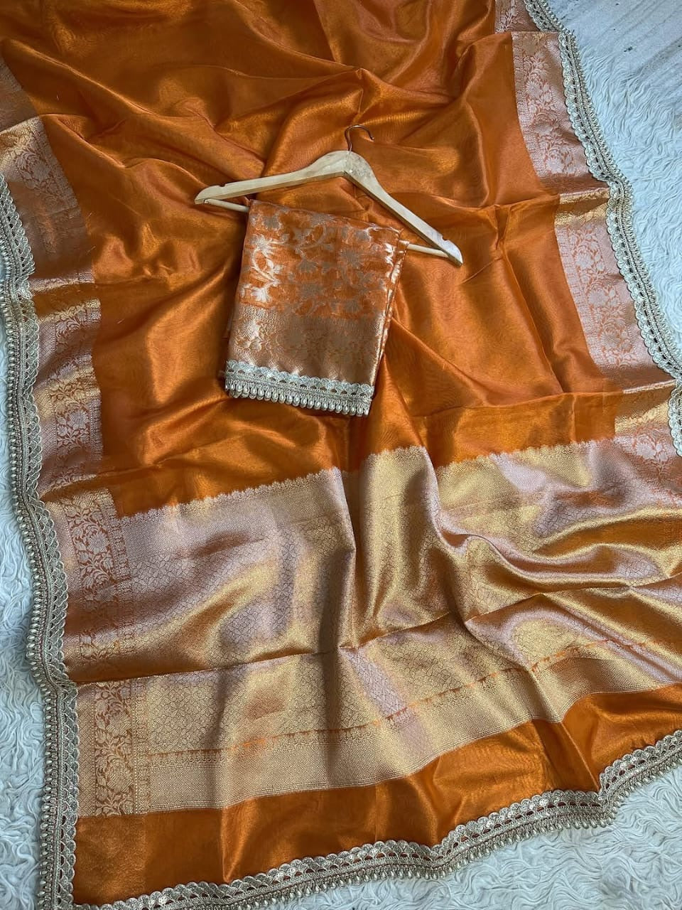 Charvi Rust Orange Tissue Silk Saree
