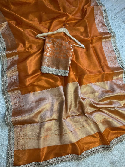 Charvi Rust Orange Tissue Silk Saree