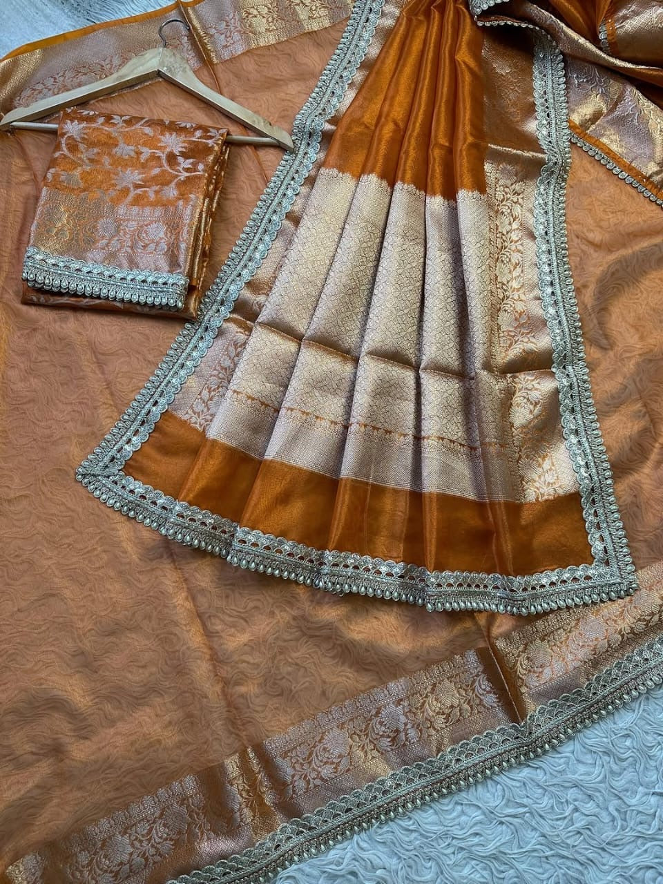 Charvi Rust Orange Tissue Silk Saree