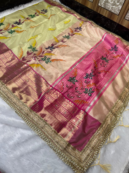Avira Ivory & Rani Pink Banarasi Soft Tissue Silk Saree