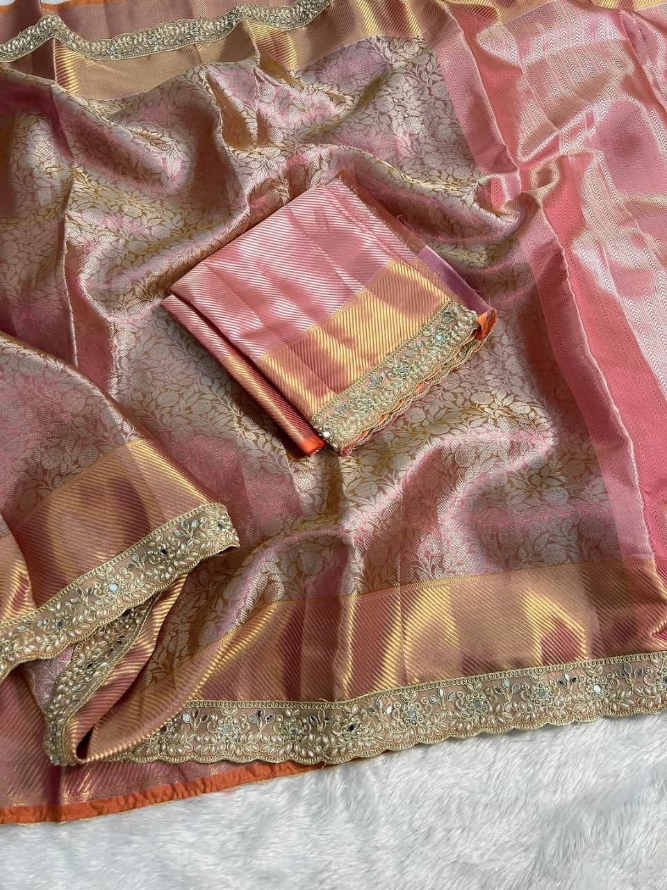 Elara Rose Gold Pink Kanchi Pattu Silk Saree