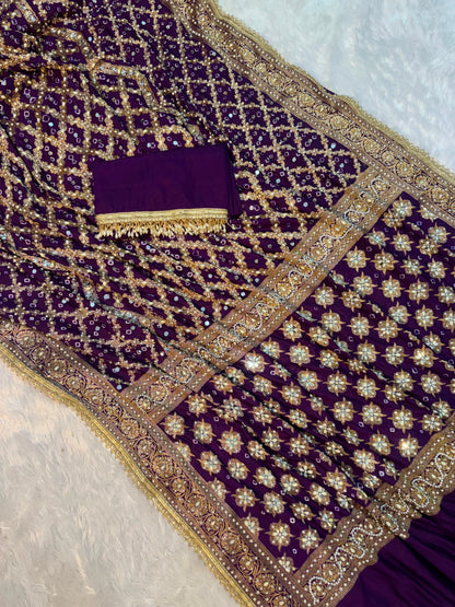 Bandhika Purple Banarasi Soft Georgette Bandhej Silk Saree