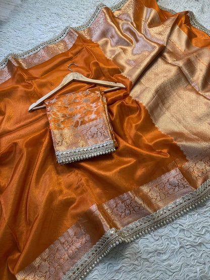 Charvi Rust Orange Tissue Silk Saree
