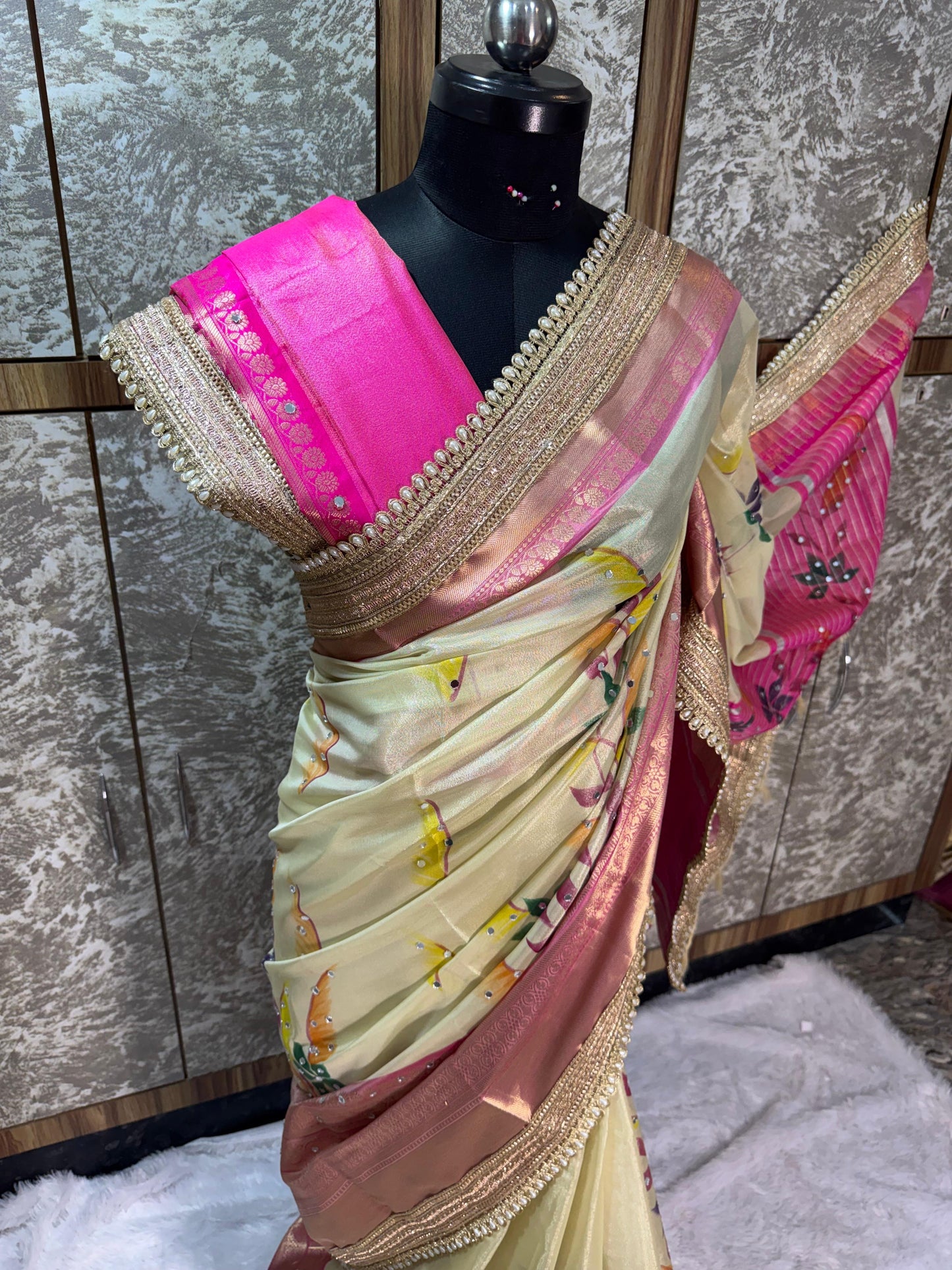 Avira Ivory & Rani Pink Banarasi Soft Tissue Silk Saree