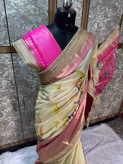 Avira Ivory & Rani Pink Banarasi Soft Tissue Silk Saree