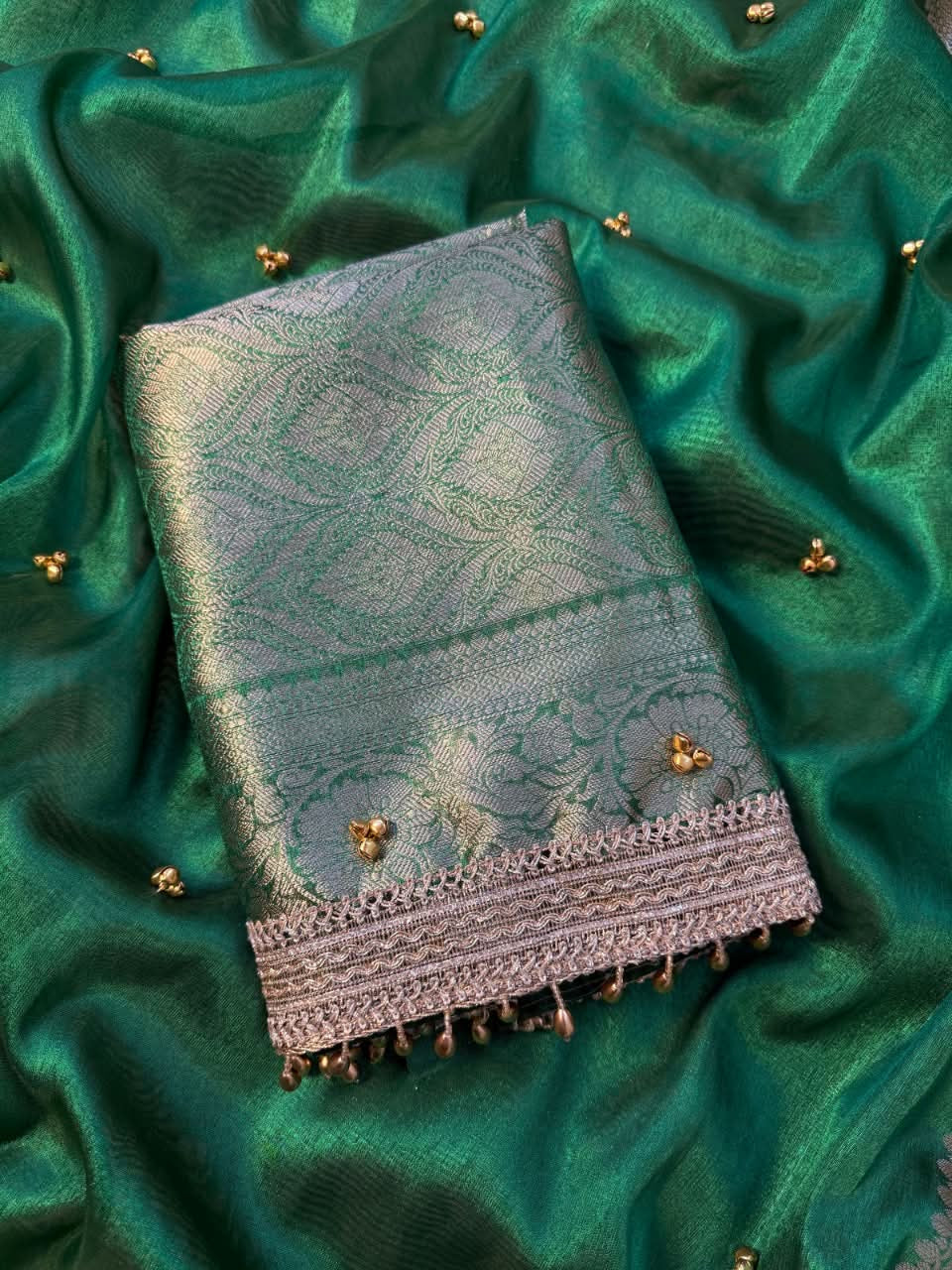 Kaya Ghungroo Green Tissue Silk Saree