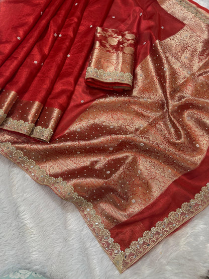Gulnaar Red Tissue Silk Saree