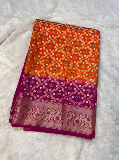 Bandini Orange & Magenta Banarasi Soft Bandhej Warm Silk Saree